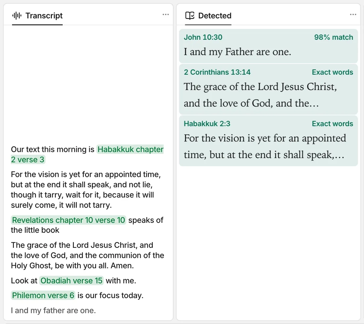 The FlowCast Transcript and Detected panels while FlowCast listens to a sermon