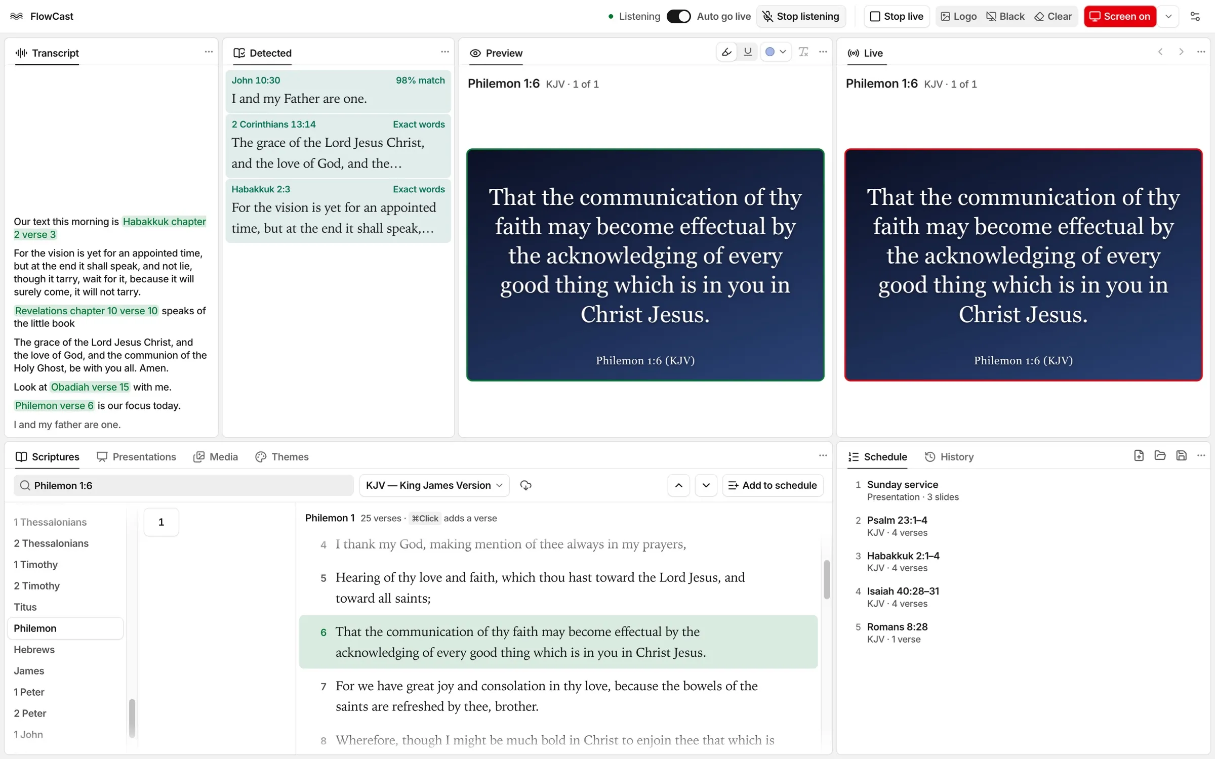 The FlowCast control window during a sermon