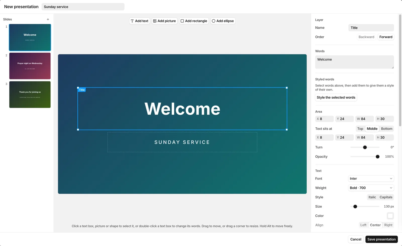 The FlowCast presentation editor with a slide open.