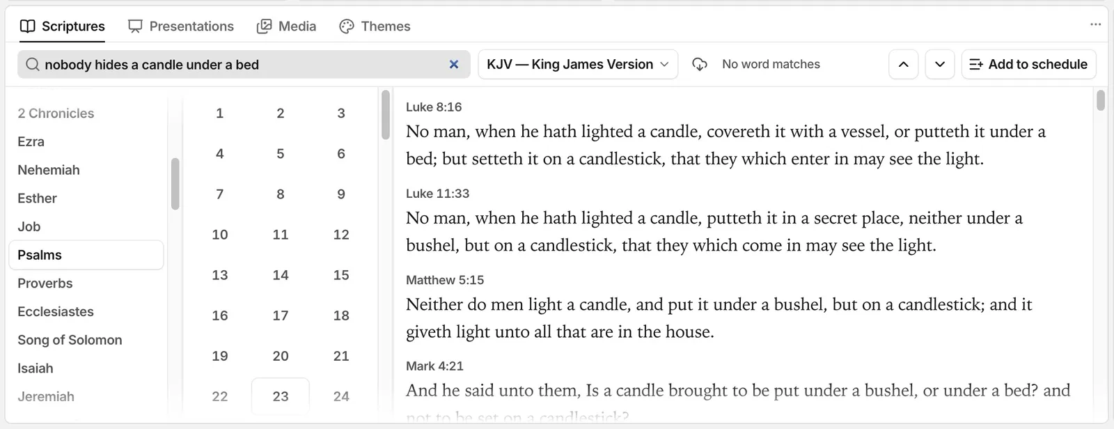 Search results in the FlowCast Scriptures panel.