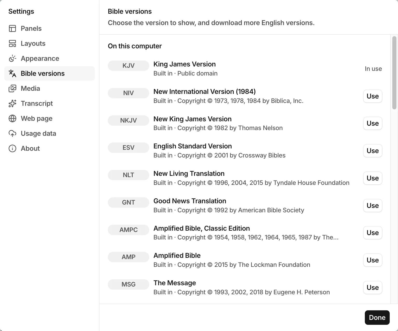 The FlowCast Settings window with the list of Bible versions
